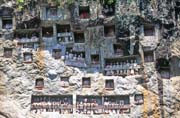 Traditional graves at Lemo village. Tau tau figures can be seen at galleries in front of graves. Tana Toraja area. Indonesia.