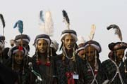 Men from nomadic Wodaab tribe (also called Bororo) are performing their beauty dance called Yaake. Cure Sale (Salt cure) festival at In-Gall town. Niger.