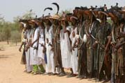 Men from nomadic Wodaab tribe (also called Bororo) are performing their beauty dance called Yaake at their Gerewol festival. Niger.