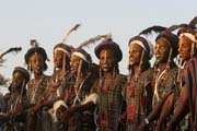 Men from nomadic Wodaab tribe (also called Bororo) are performing their beauty dance called Yaake at their Gerewol festival. Niger.