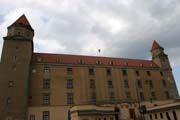 Bratislava Castle from 13th century is massive rectangular building with four corner towers. The Castle is located on the top of the hill of the Little Carpathians directly above the Danube river in the middle of Bratislava. Slovakia.