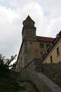 Bratislava Castle from 13th century is massive rectangular building with four corner towers. The Castle is located on the top of the hill of the Little Carpathians directly above the Danube river in the middle of Bratislava. Slovakia.