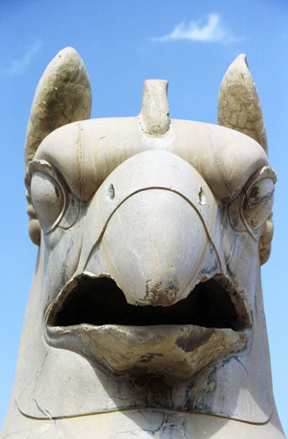 Griffin-headed beasts that stand guard over the Persepolis ruins. Iran.