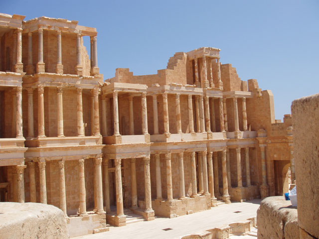 Archaeological Site of Sabratha, Phoenician trading-post was part of the Numidian Kingdom of Massinissa before being Romanized and rebuilt in the 2nd and 3rd centuries A.D. Libya.